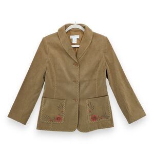 VTG Susan Graver Brown Embroidered Blazer Jacket Faux Suede Size XS Floral Retro